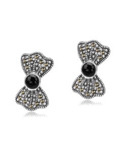 Srebrne kolczyki kokardki z markazytami i onyksem