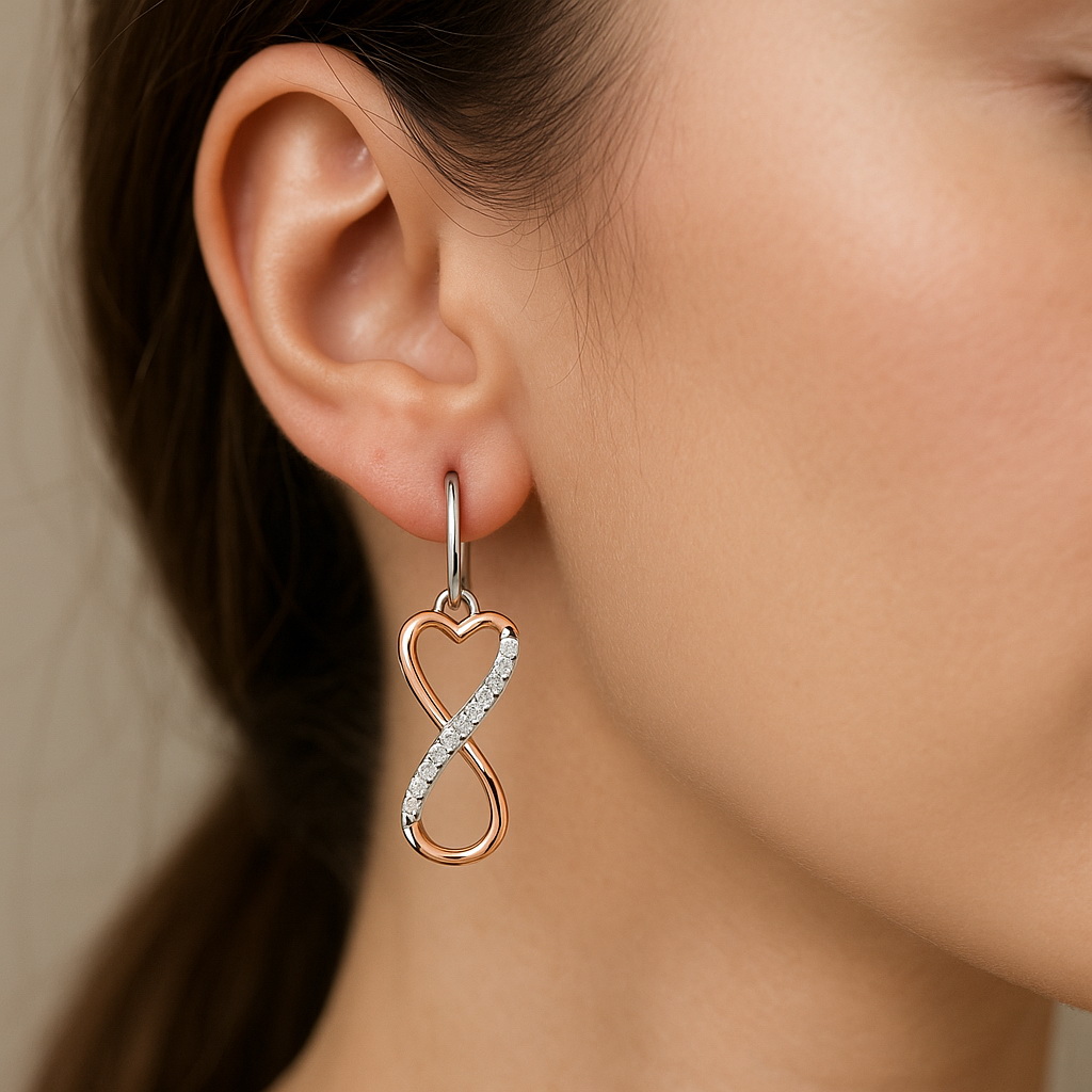 Wiszące biało-różowe kolczyki z diamentami - Obrázek 2