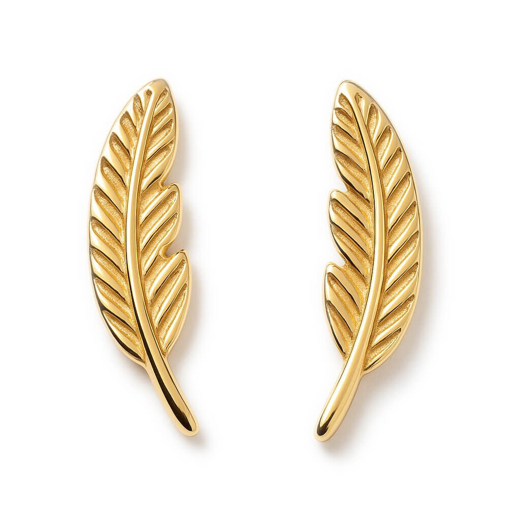 Złote kolczyki piórka na sztyfcie, próba 585
