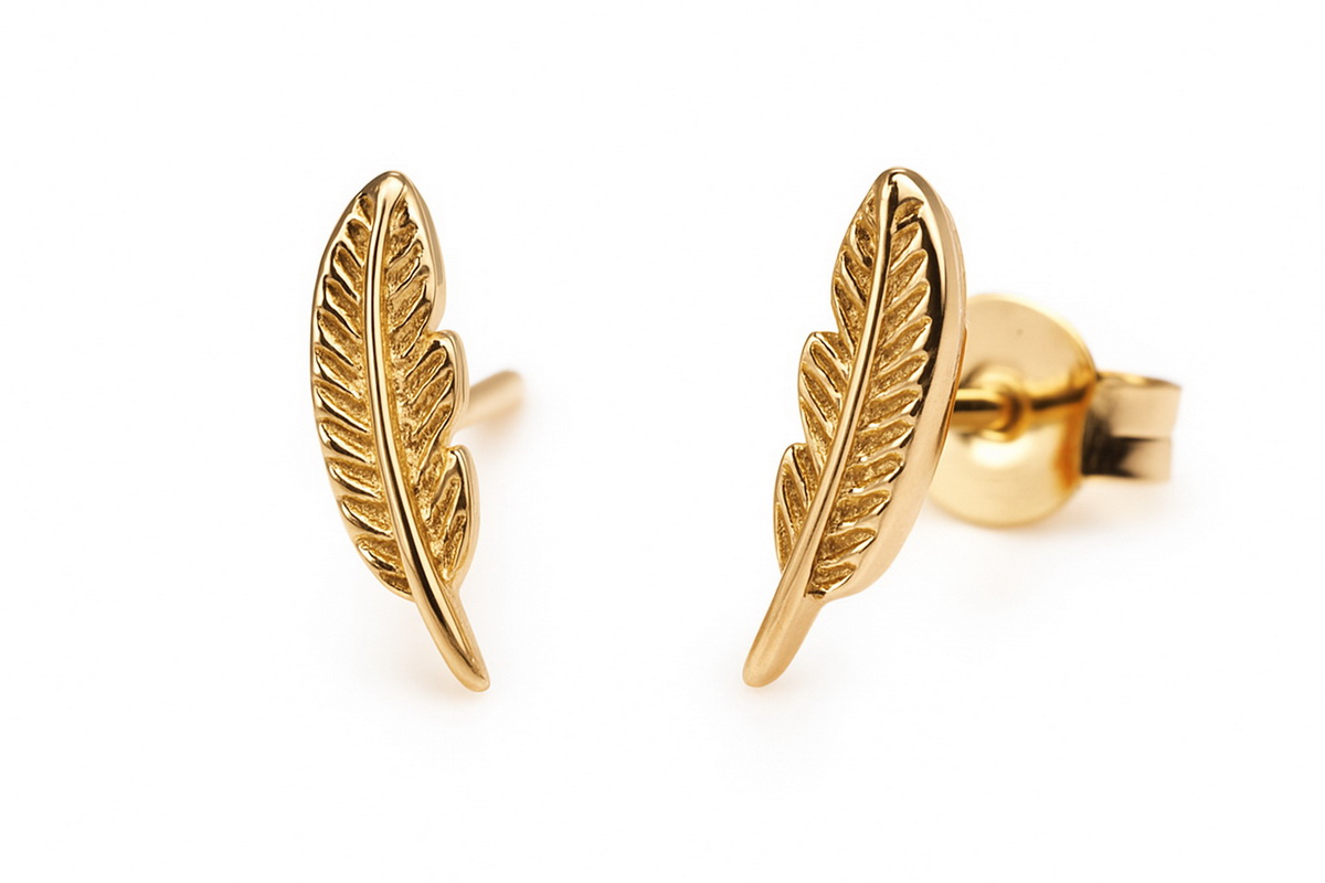 Złote kolczyki piórka na sztyfcie, próba 585 - obrazek 2