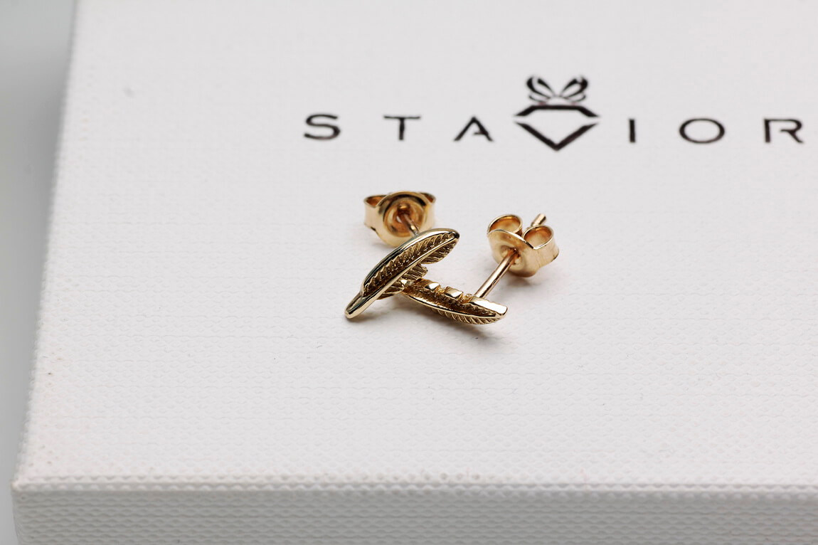 Złote kolczyki piórka na sztyfcie, próba 585 - obrazek 8