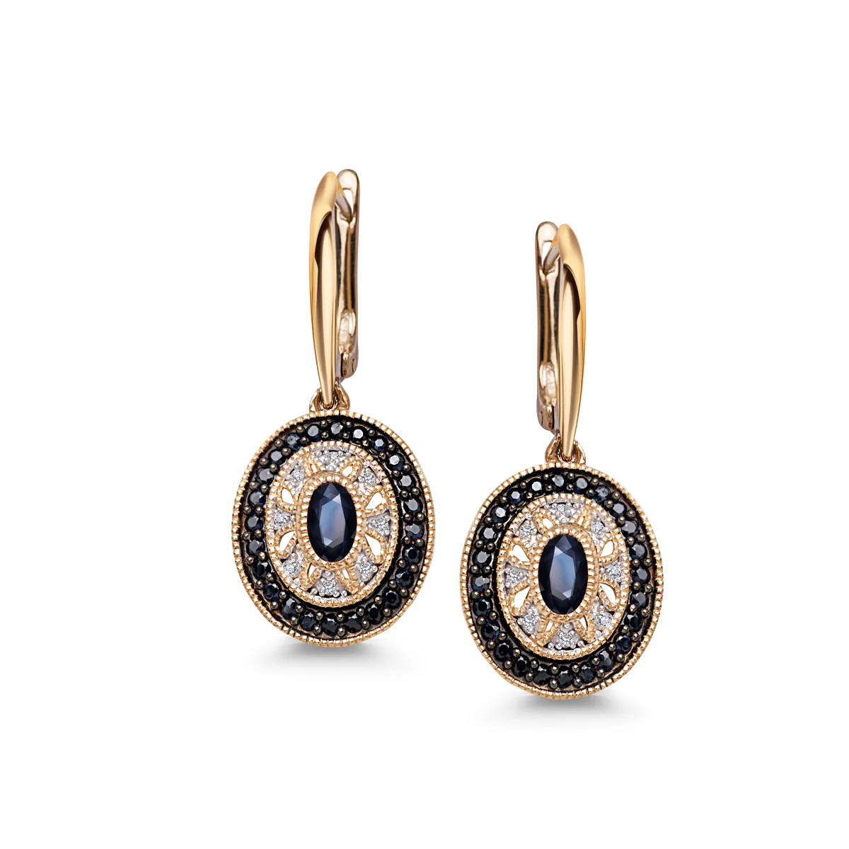 Piękne eleganckie kolczyki wiszące z diamentami i szafirami