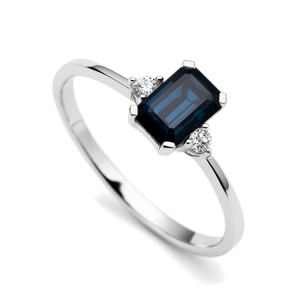 pierścionek z białego złota z szafirem i brylantami