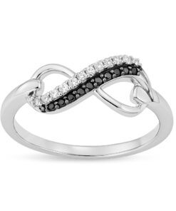 pierścionek nieskończoność z białego złota z czarnymi i białymi diamentami