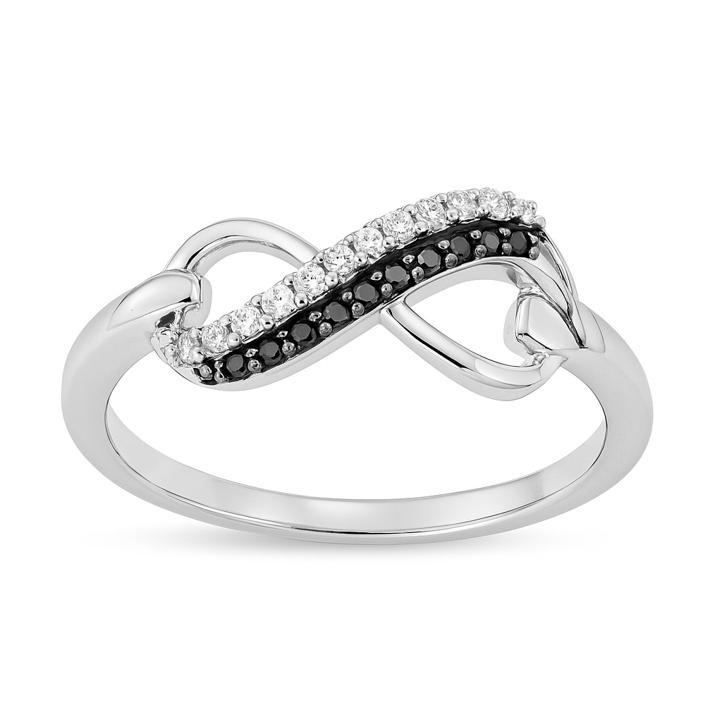pierścionek nieskończoność z białego złota z czarnymi i białymi diamentami