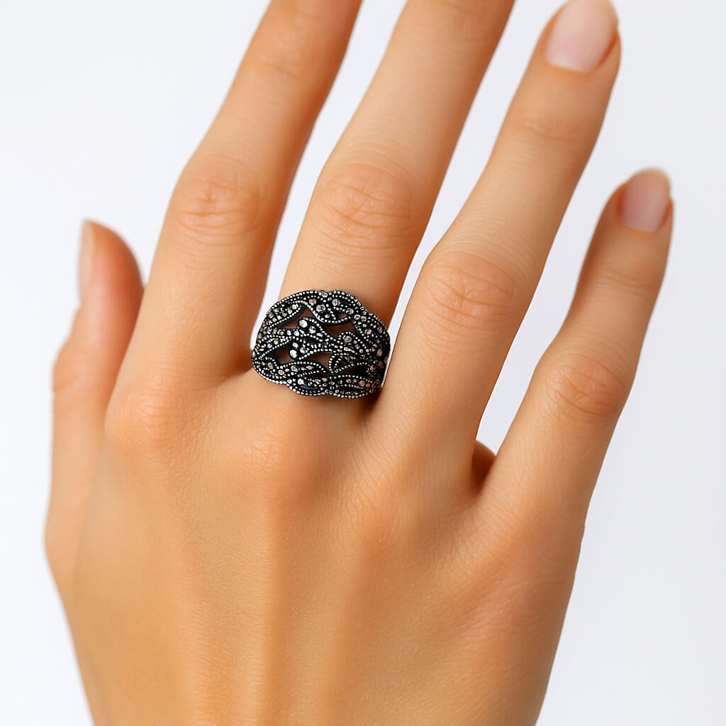 Srebrny szeroki duży pierścionek z markazytami - rozmiar 22 - Image 2