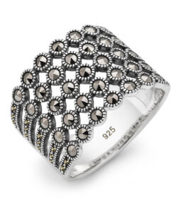 srebrny cudowny duży pierścień z markazytami