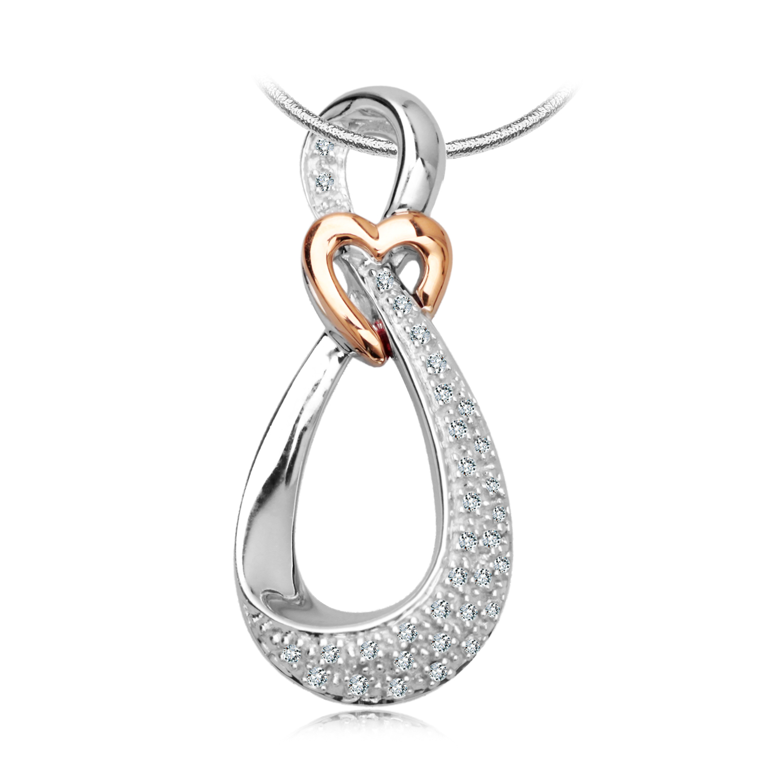 złoty wisiorek z brylantami w kształcie serca i nieskończoności