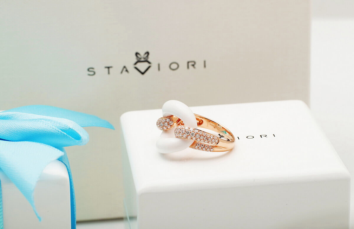 Exclusive | pierścionek z różowego złota 750 z białym agatem i brylantami – Bild 9