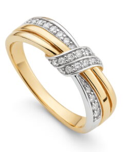 pierścionek przeplatany z dwukolorowego złota z diamentami