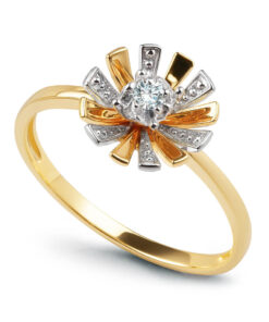 pierścionek z diamentem w kształcie kwiatu - białe i żółte złoto 585