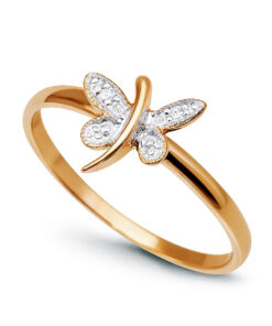 pierścionek złoty z motylkiem i diamentem w różowym złocie