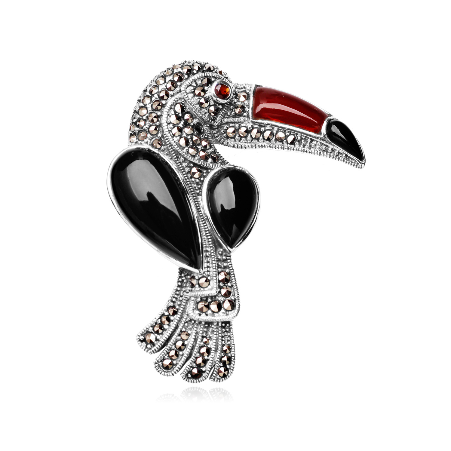 Broszka srebrna tukan z onyksami, granatami i markazytami