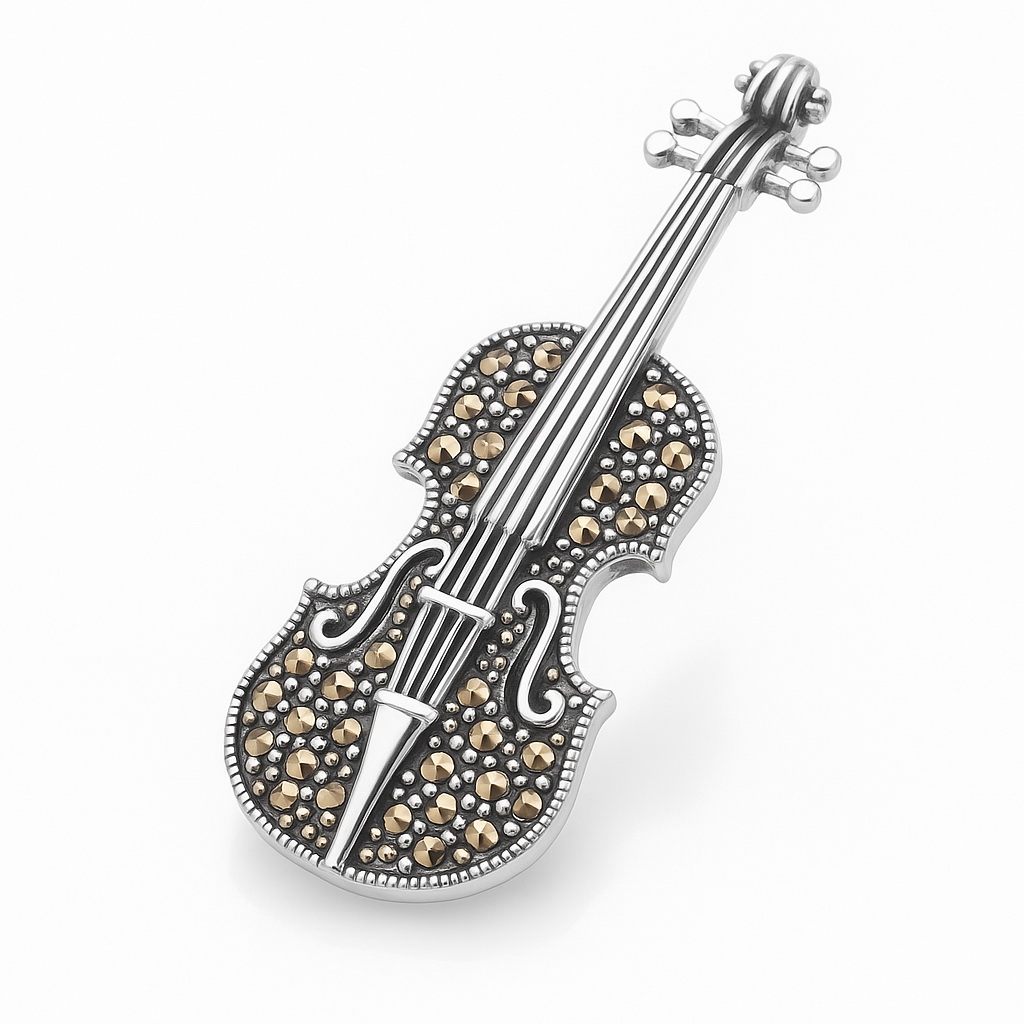 Broszka srebrna skrzypce z markazytami - obrazek 2