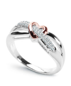 Pierścionek z diamentami w białym złocie i z różowym serduszkiem