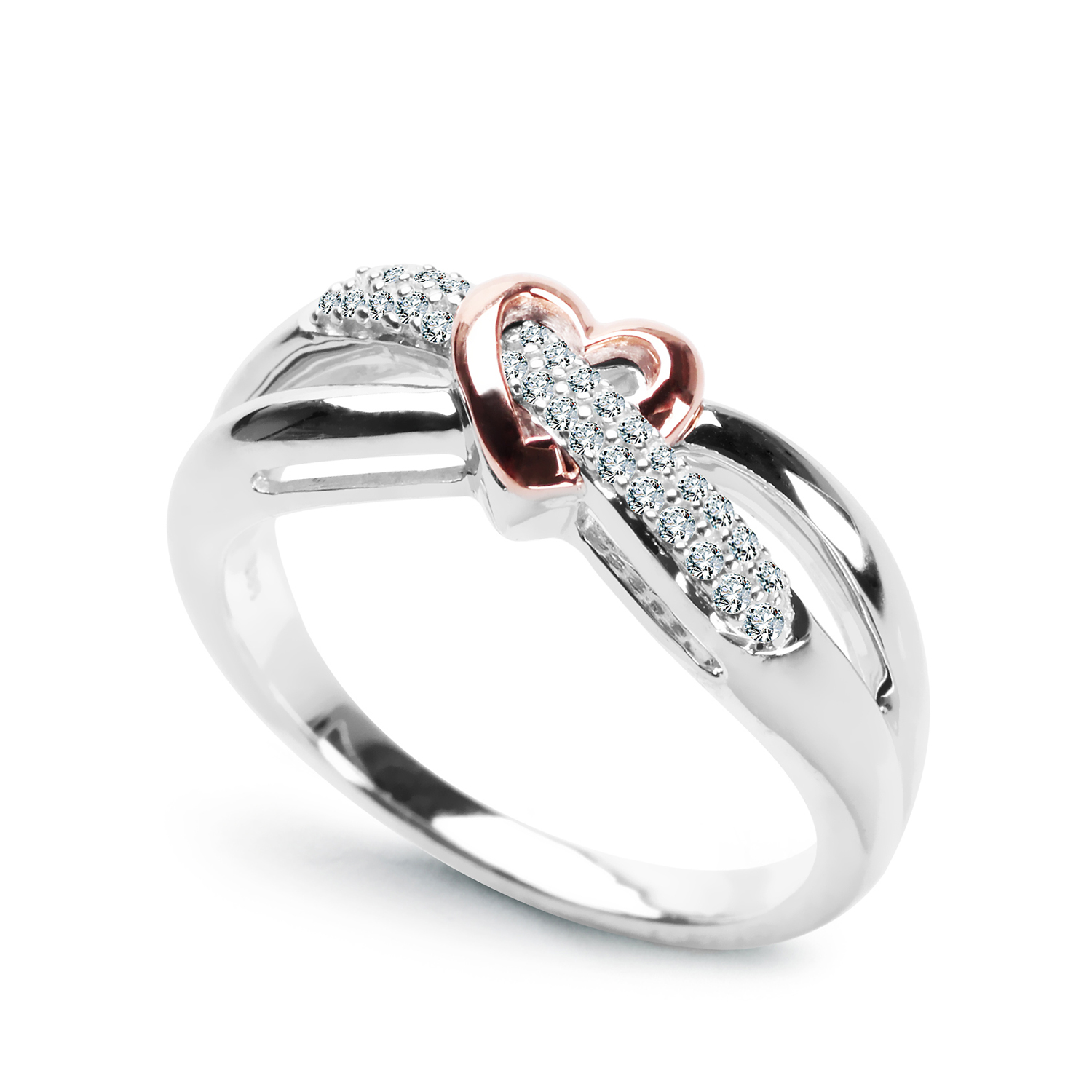 Pierścionek z diamentami w białym złocie i z różowym serduszkiem