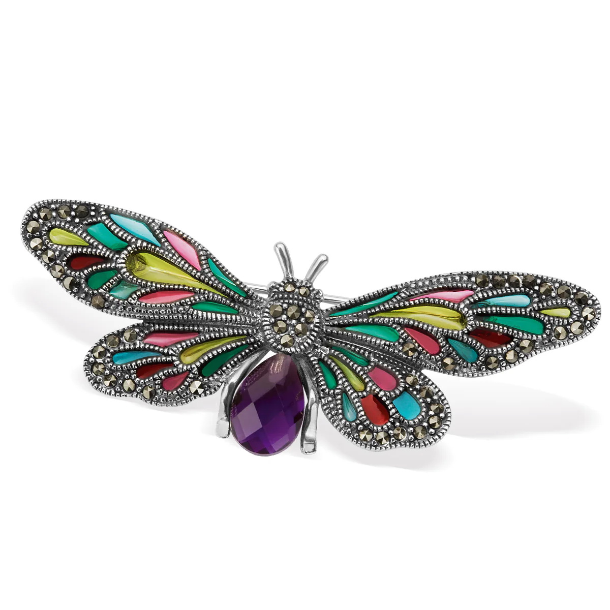 broszka srebrna motyl z emalią i markazytami