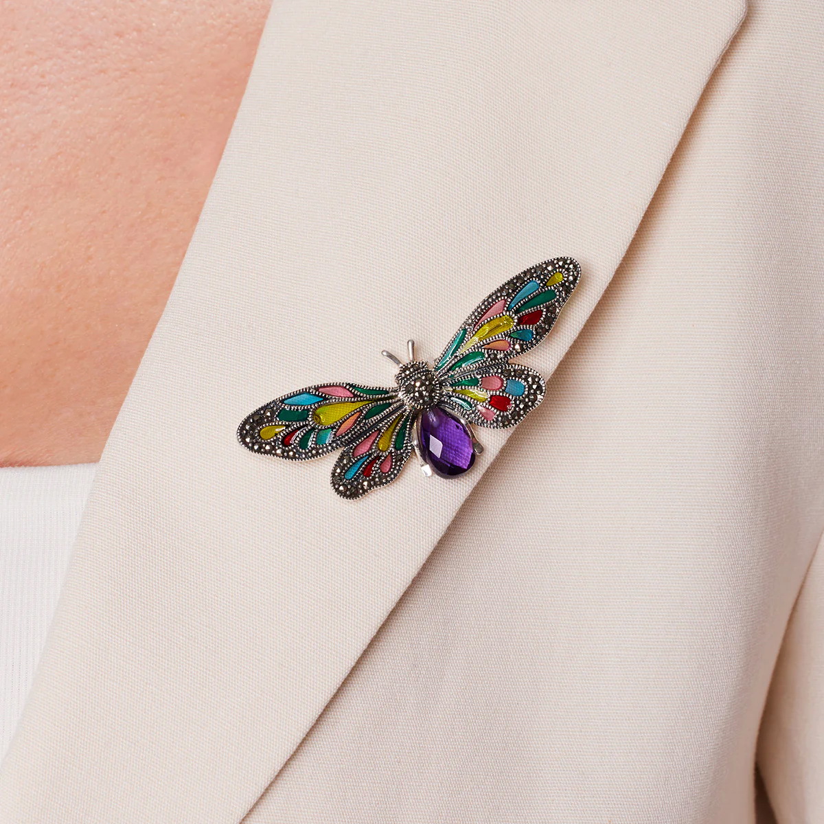 broszka srebrna motyl z emalią i markazytami - obrazek 3