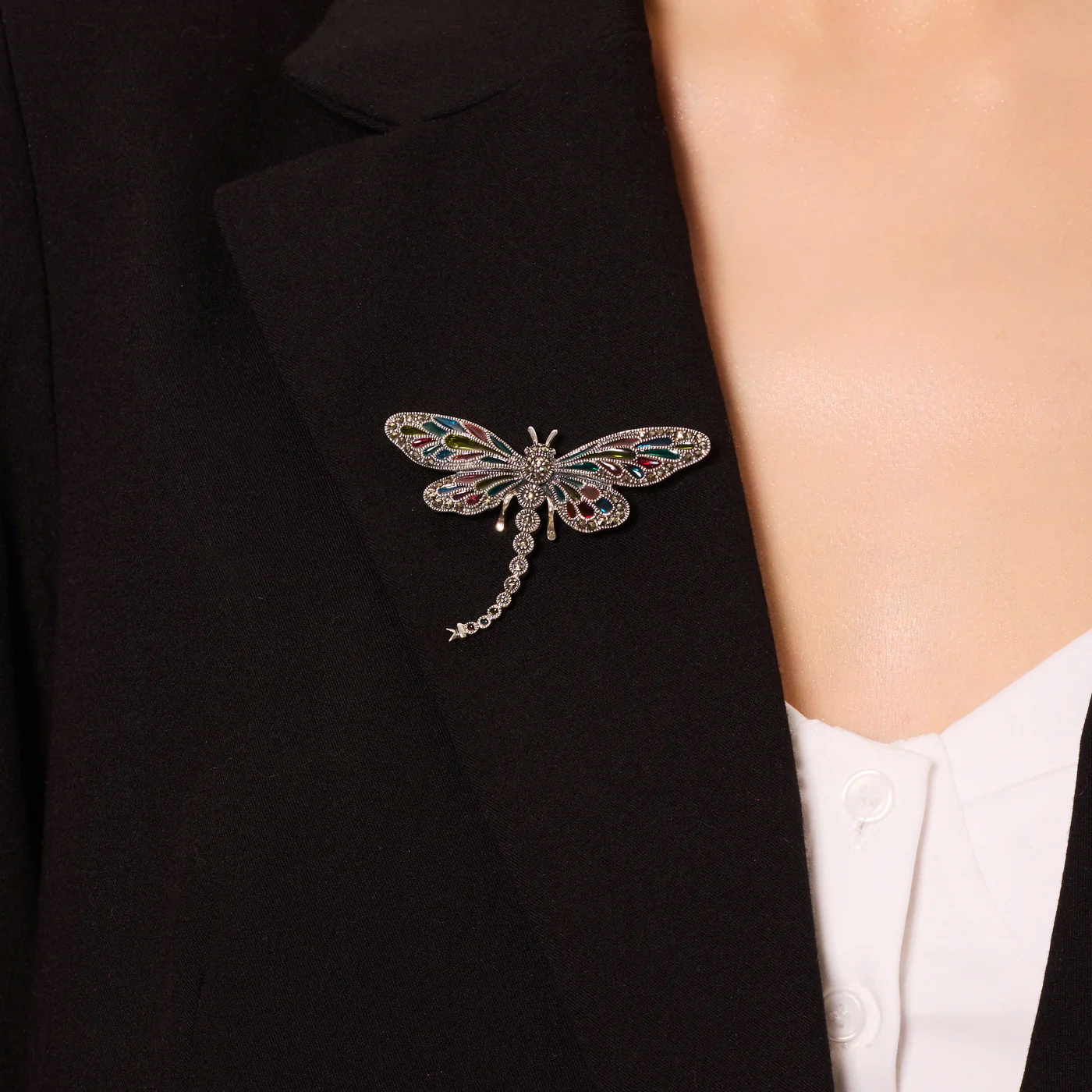 broszka srebrna - ważka - z emalią i markazytami - Image 4