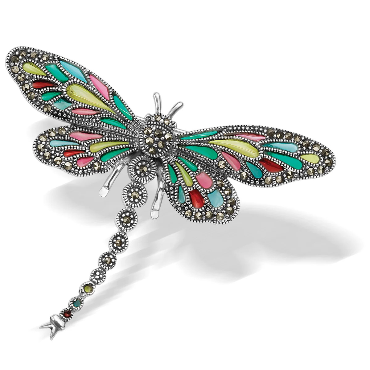 broszka srebrna - ważka - z emalią i markazytami