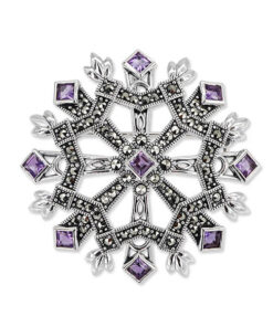 Broszka srebrna płatek śniegu z markazytami i ametystem