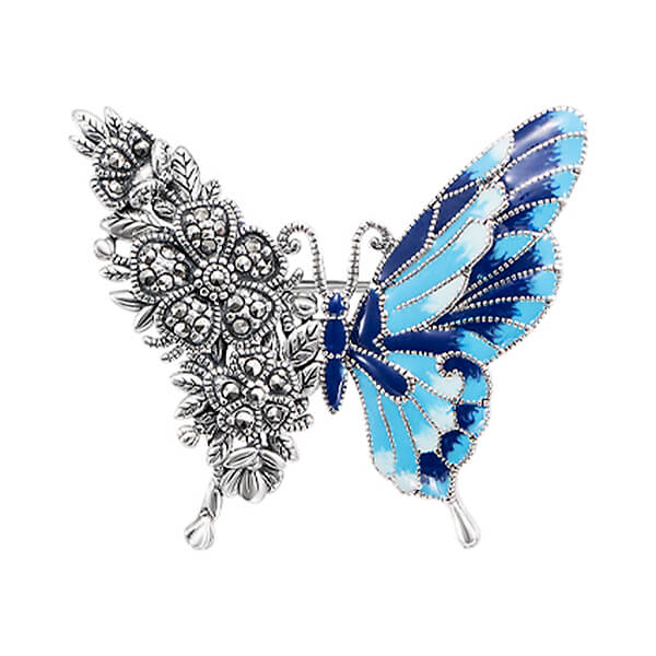 Broszka srebrna motyl z markazytami i kolorową emalią