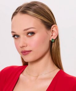 Alternatywny widok Srebrne pozłacane kolczyki z zieloną emalia - monstera