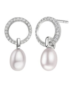 Piękne wiszące srebrne kolczyki z naturalnymi perłami i cyrkoniami | KS55808